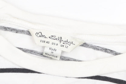 Miss Selfridge Women’s White Striped Cotton T-Shirt Size 12