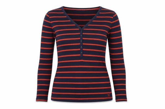Crew Clothing Co. Women Blue Striped V-Neck Long Sleeve T-Shirt Size 12