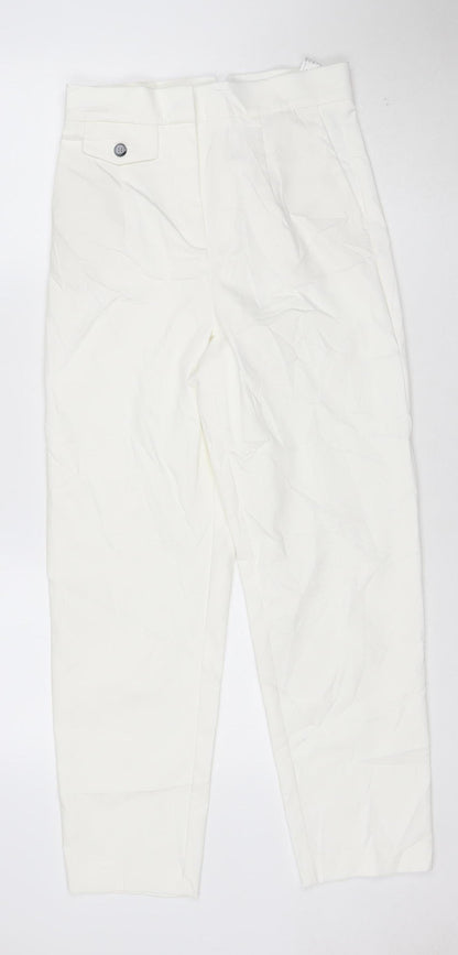 Zara Women White M Cropped Trousers Cotton Blend Classic Style