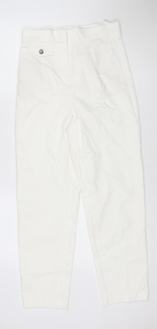 Zara Women White M Cropped Trousers Cotton Blend Classic Style
