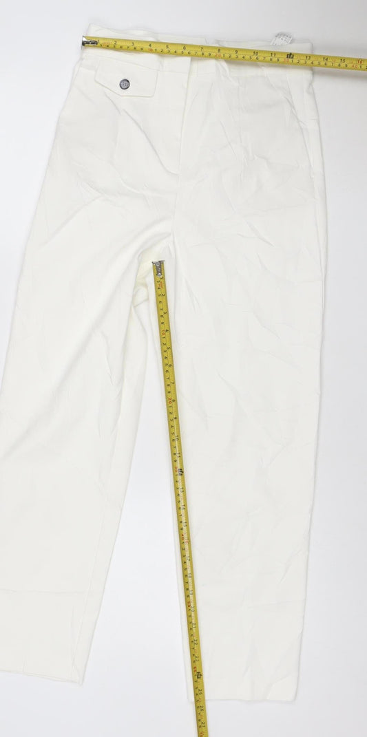 Zara Women White M Cropped Trousers Cotton Blend Classic Style