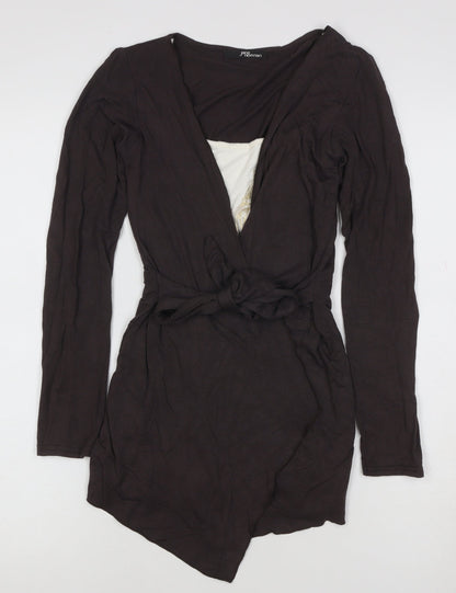 Jane Norman Womens Brown Wrap Long Sleeve Belted Top Size 10