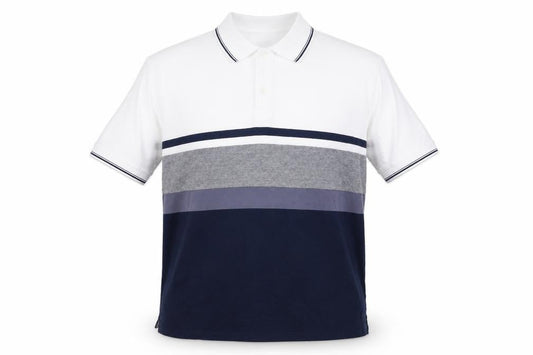 Front view of Tu Man White Navy Grey Striped Polo Shirt XL Cotton Short Sleeve