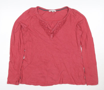 Fat Face Women's Pink Cotton Long Sleeve Crochet V-Neck Top Size 16