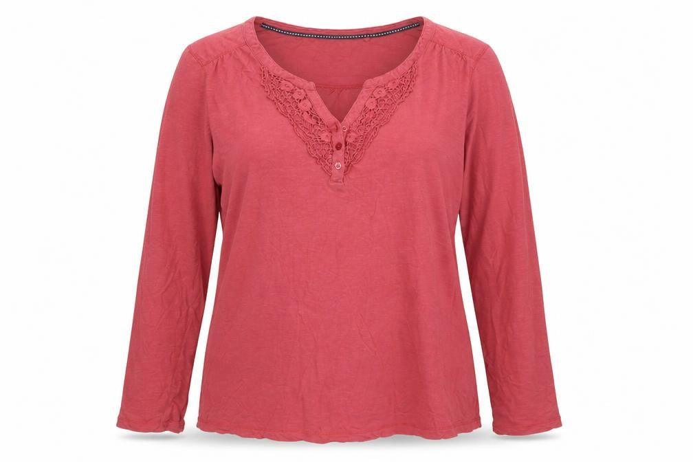 Fat Face Women's Pink Cotton Long Sleeve Crochet V-Neck Top Size 16