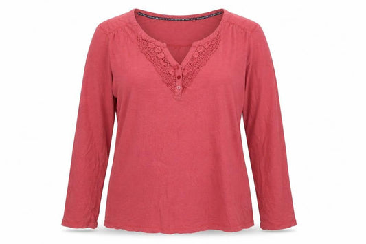 Fat Face Women's Pink Cotton Long Sleeve Crochet V-Neck Top Size 16