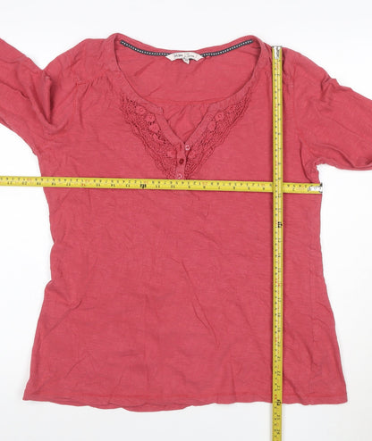 Fat Face Women's Pink Cotton Long Sleeve Crochet V-Neck Top Size 16