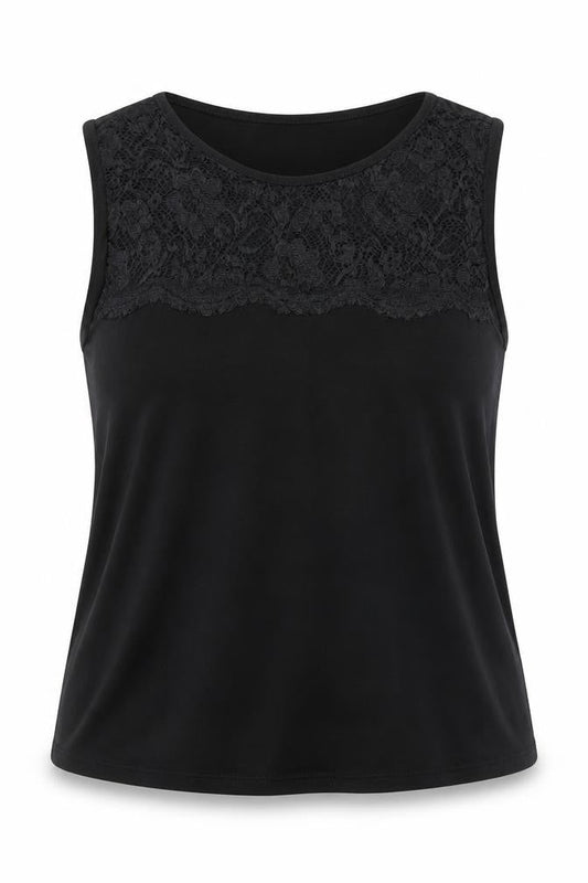 Front view of Red Herring Women’s Black Lace Panel Sleeveless Tank Top, size UK 12
