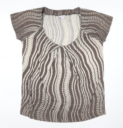 Calvin Klein Women Brown Beige Patterned 100% Cotton Scoop Neck T-Shirt M