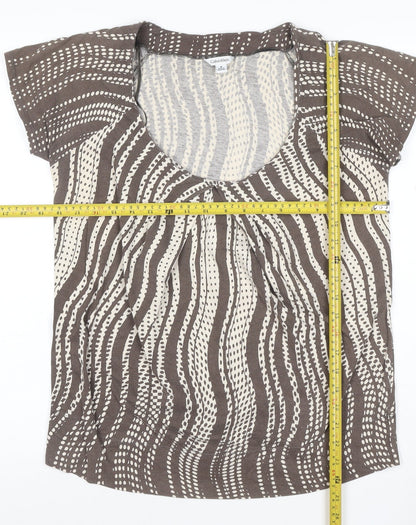 Calvin Klein Women Brown Beige Patterned 100% Cotton Scoop Neck T-Shirt M
