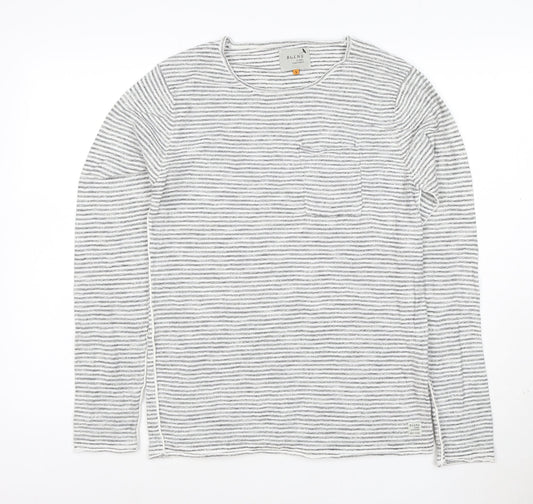 Blend Unisex Grey Striped Long Sleeve Cotton T-Shirt Size S