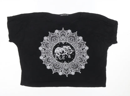 Boohoo Women's Black Elephant Cropped T-Shirt Size 10 Viscose Jersey