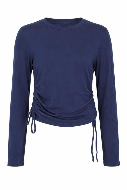 Front view of BDG Women’s Blue Cropped Long Sleeve Crew Neck Adjustable Cotton Top S