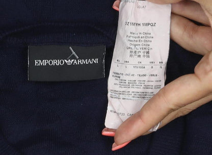 Emporio Armani Men's Blue Cotton Crew Neck Pullover Jumper Size L