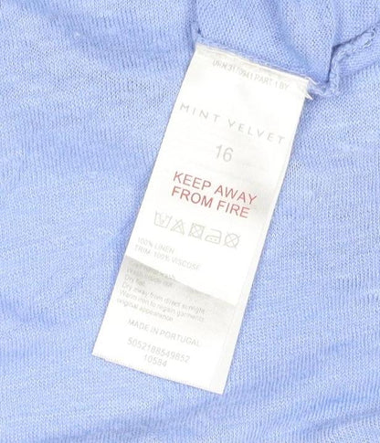 Mint Velvet Women Blue Linen V-Neck T-Shirt Size 16