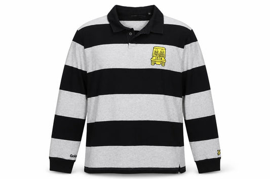 Front view of Lyle & Scott x Golfickers Black Grey Striped Rugby Polo XXL