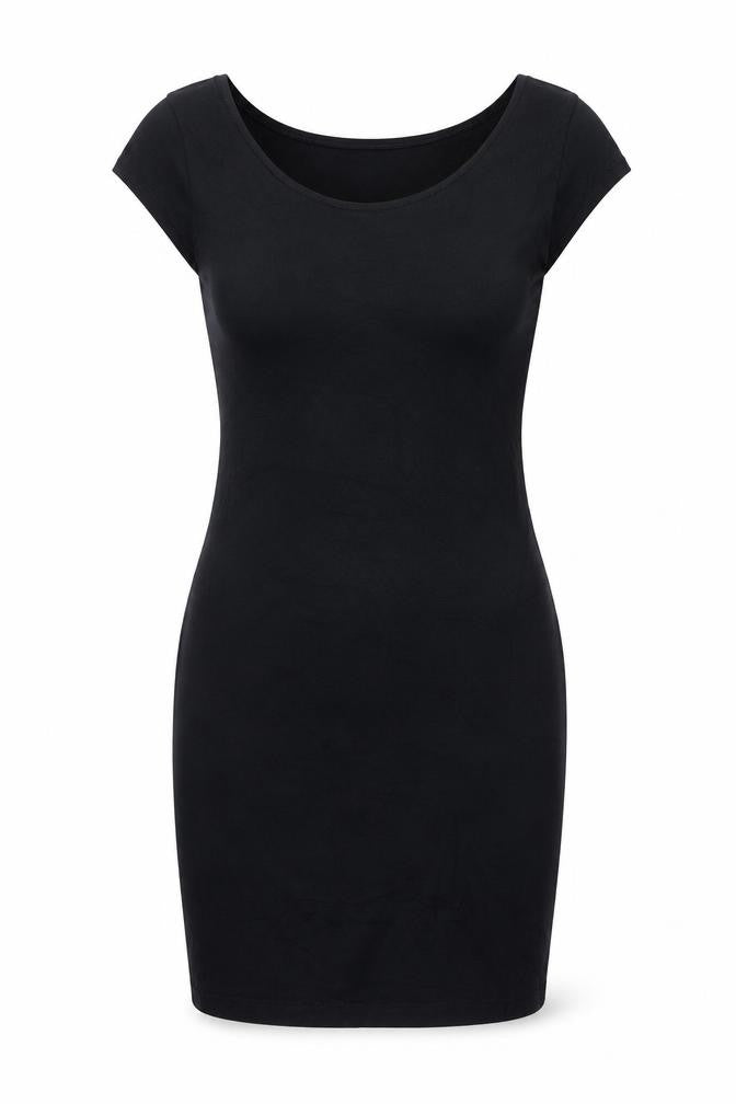 Front view of L.O.G.G. Women's Black M Bodycon Jersey Short Sleeve Knee Dress