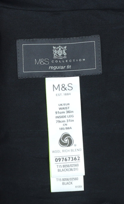 Marks and Spencer Men's Black Regular Fit Wool Blend Dress Trousers 36W 31L