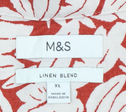 Marks and Spencer Men's Red Floral Linen Blend Short Sleeve Shirt XL