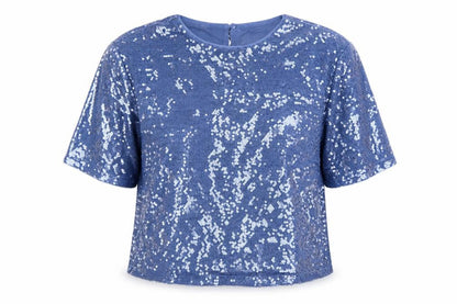 Marks and Spencer Women's Blue Sequin Cropped T-Shirt Size 14