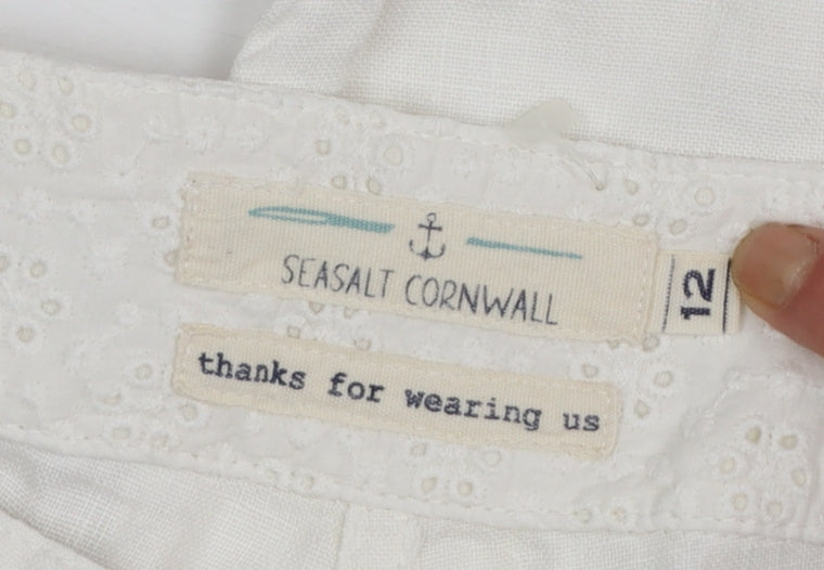 Seasalt Cornwall Women’s White Linen Cropped Trousers Size 12 Summer Casual