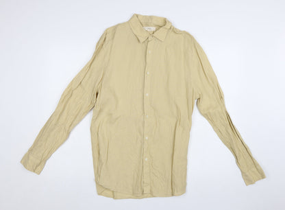 Marks and Spencer Men's Beige Linen Long Sleeve Button-Up Shirt Small