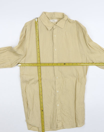 Marks and Spencer Men's Beige Linen Long Sleeve Button-Up Shirt Small