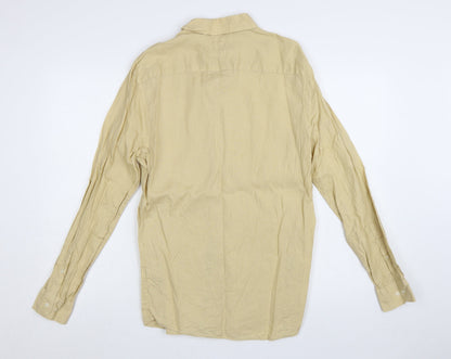 Marks and Spencer Men's Beige Linen Long Sleeve Button-Up Shirt Small