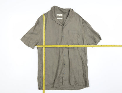 Marks and Spencer Men's Green Linen Short Sleeve Button-Up Shirt S
