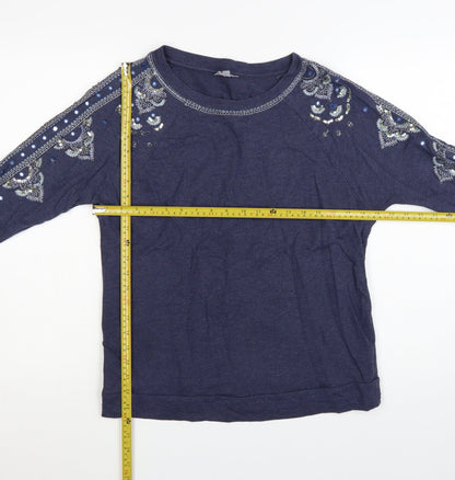 Monsoon Women Blue Embellished Long Sleeve T-Shirt Size S