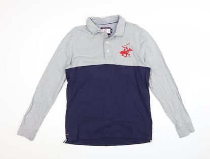 Beverly Hills Polo Club Men's Grey Navy Long Sleeve Polo Shirt Size L