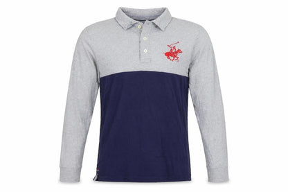 Front view of Beverly Hills Polo Club Men's Grey Navy Long Sleeve Polo Shirt, size L