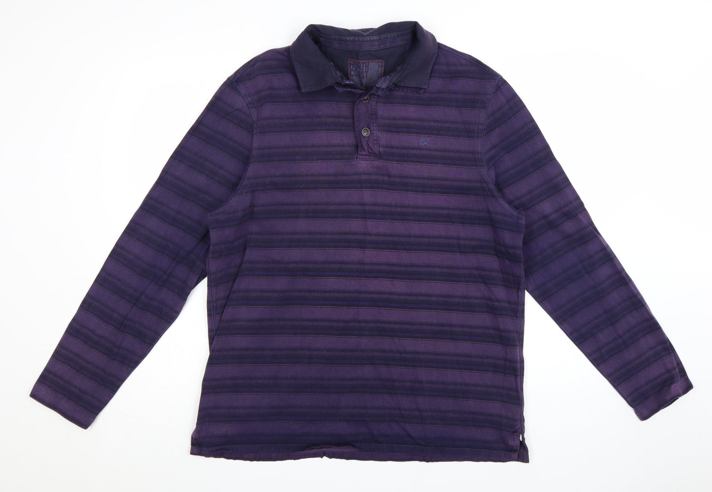 Marks and Spencer Men's Purple Striped Long Sleeve Polo Shirt Size L