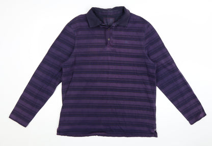 Marks and Spencer Men's Purple Striped Long Sleeve Polo Shirt Size L