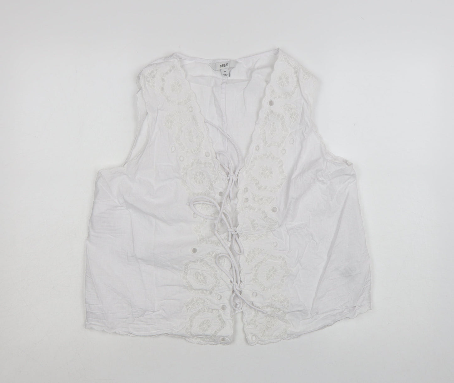 Marks and Spencer Women’s White Linen Blend Embroidered Tie Front Sleeveless Tunic Blouse Size 16