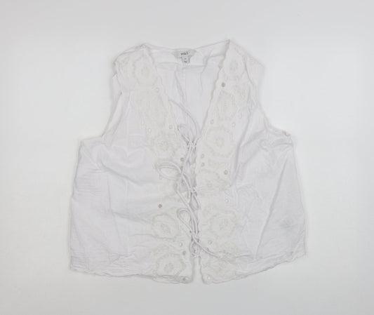 Marks and Spencer Women’s White Linen Blend Embroidered Tie Front Sleeveless Tunic Blouse Size 16