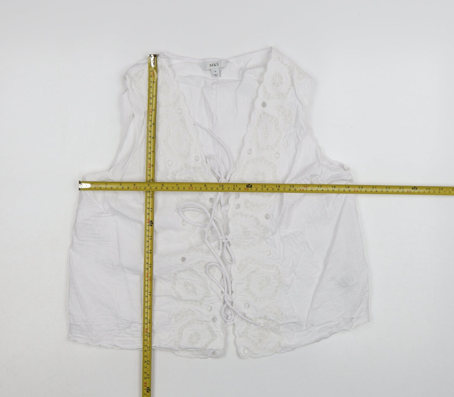 Marks and Spencer Women’s White Linen Blend Embroidered Tie Front Sleeveless Tunic Blouse Size 16