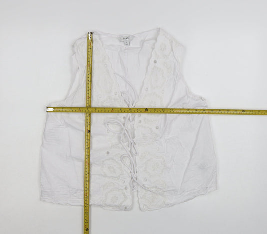 Marks and Spencer Women’s White Linen Blend Embroidered Tie Front Sleeveless Tunic Blouse Size 16