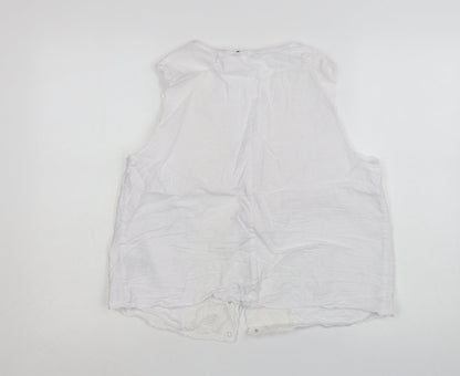 Marks and Spencer Women’s White Linen Blend Embroidered Tie Front Sleeveless Tunic Blouse Size 16