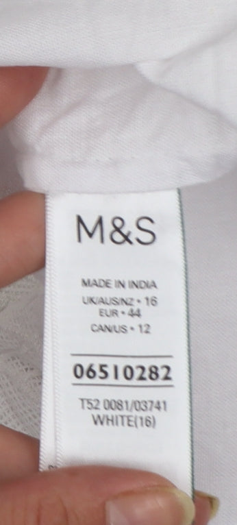 Marks and Spencer Women’s White Linen Blend Embroidered Tie Front Sleeveless Tunic Blouse Size 16
