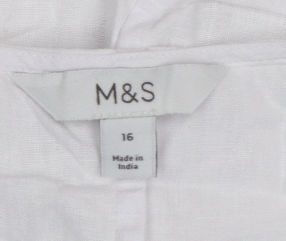 Marks and Spencer Women’s White Linen Blend Embroidered Tie Front Sleeveless Tunic Blouse Size 16
