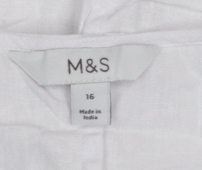 Marks and Spencer Women’s White Linen Blend Embroidered Tie Front Sleeveless Tunic Blouse Size 16