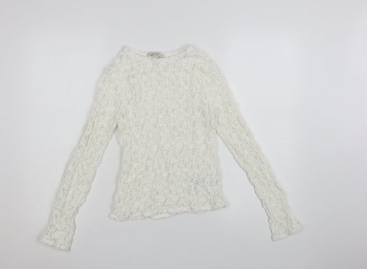 Marks and Spencer Women's White Long Sleeve Lace Cotton Blend Top Size 8