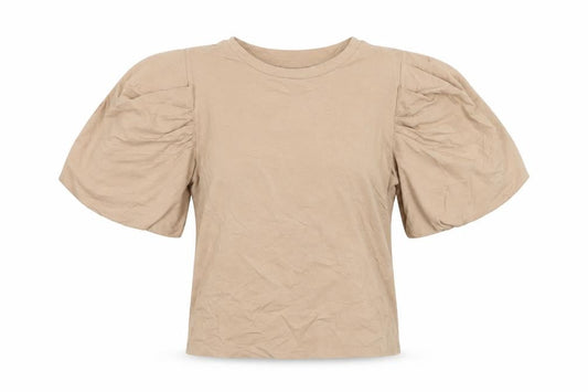 Mango Women Beige Puff Sleeve Cotton T-Shirt XS