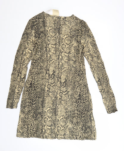 Mango Women Beige Animal Print Shift Dress Size 12 Long Sleeve