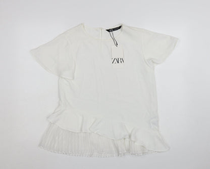 Zara Women White Ruffle Pleated Tunic Blouse Size S