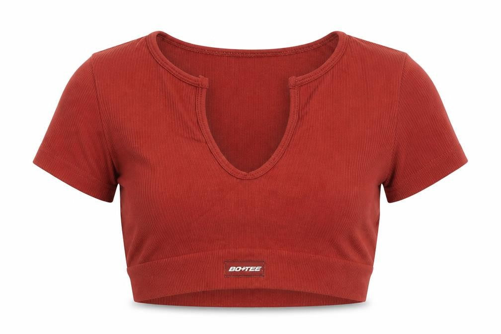 Bo+Tee Womens Brown Cropped Ribbed V-Neck Active T-Shirt Size S