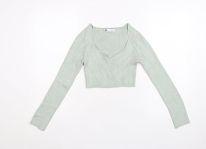 Zara Women Green V-Neck Ribbed Knit Long Sleeve Cropped Jumper S