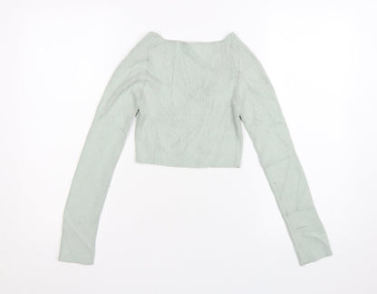 Zara Women Green V-Neck Ribbed Knit Long Sleeve Cropped Jumper S