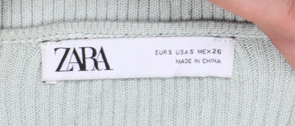 Zara Women Green V-Neck Ribbed Knit Long Sleeve Cropped Jumper S